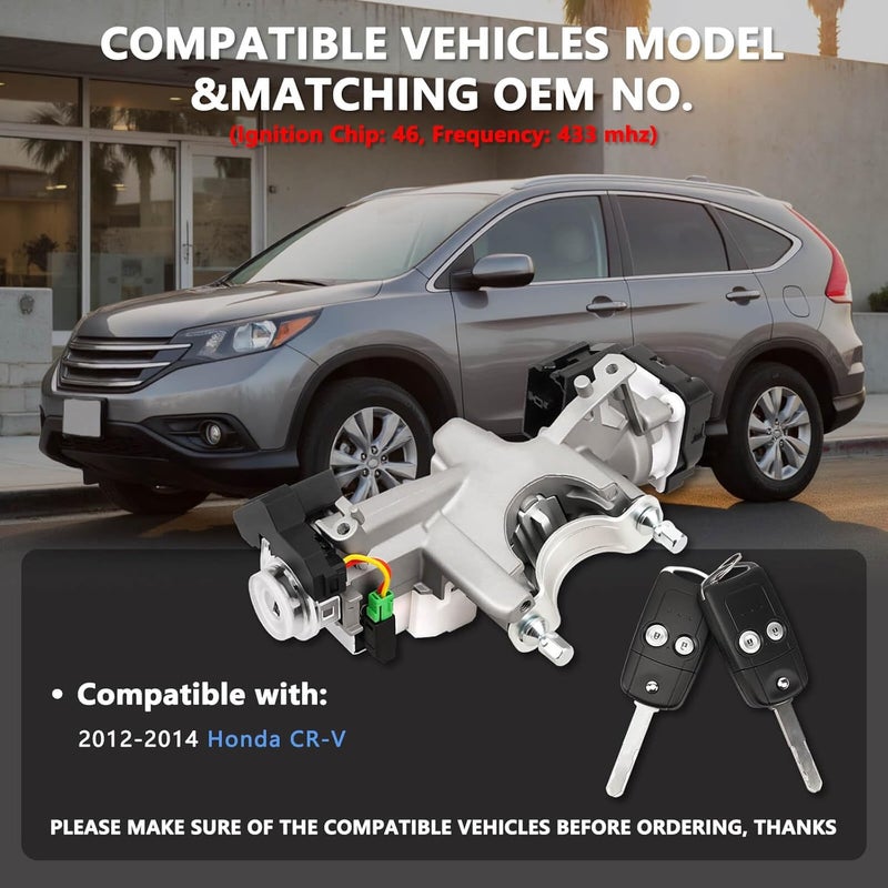 RAMATA Ignition Switch Lock Cylinder with Key (with Blank Chip) Compatible with 2012 2013 2014 Honda CRV (Ignition Chip: 46,Frequency: 433mHz) - Image 2